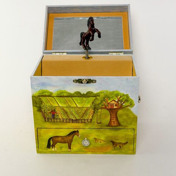 Vintage Enchantmint Horse Ranch Musical Jewelry Box w/ Drawers Mirror Farm Scene - Picture 5 of 12